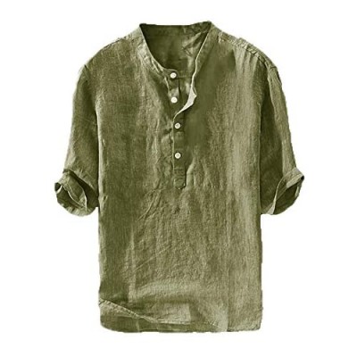 Mens Linen Henley Shirt Casual 3/4 Sleeve T Shirt Pullover Tees Lightweight Curved Hem Cotton Summer Beach Tops