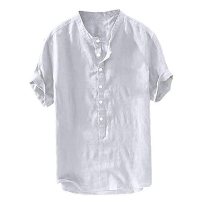 Mens Linen Henley Shirts Short Sleeve Beach Casual Summer Tops Banded Collar Plain Light T Shirt