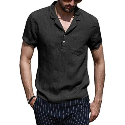 PASLTER Mens Summer Henley Shirts Short Sleeve Cotton Linen Button Hippie T-Shirt with Pocket