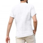 Taoliyuan Mens Henley Shirts Linen Summer Short Sleeve Banded Collar V Neck Beach T Shirt Blouse with Pocket…