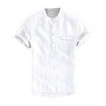 Taoliyuan Mens Henley Shirts Linen Summer Short Sleeve Banded Collar V Neck Beach T Shirt Blouse with Pocket…