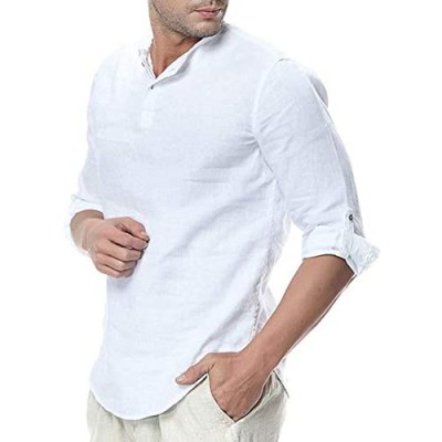 WULFUL Mens Cotton Linen Henley Shirt Loose Fit Long Sleeve Casual T-Shirt Beach Yoga Tops