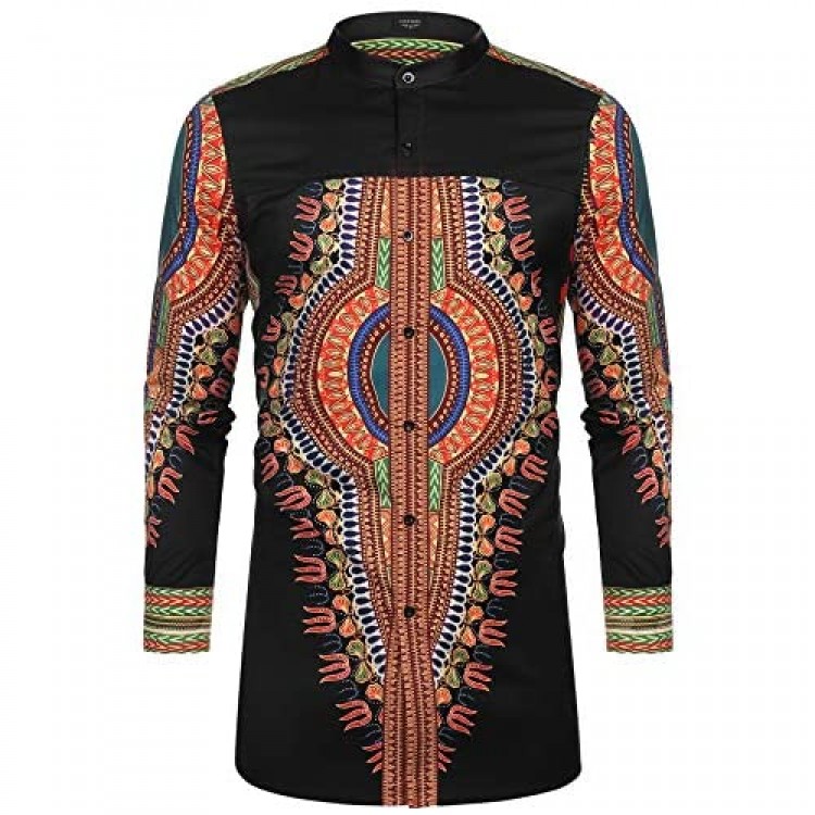 COOFANDY Men's African Dashiki Print Shirt Long Sleeve Button Down Shirt Bright Color Tribal Top Shirt