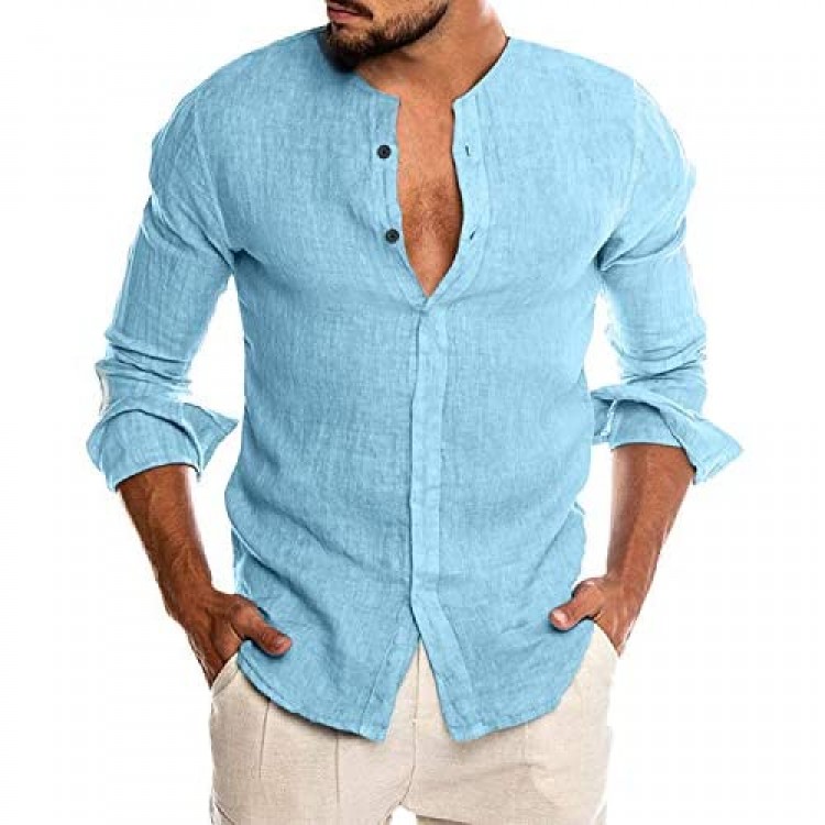 COOFANDY Mens Slim Fit Summer Linen Beach Shirt Business Formal Shirts Blue