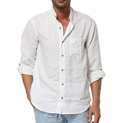 Enjoybuy Mens Linen Button Down Shirts Long Sleeve Banded Collar Summer Beach Shirts Regular Fit Tops
