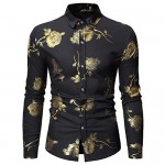 HOP Mens Luxury Gold Rose Print Shirt Long Sleeve Slim Fit Button Down Dress Shirts for Party/Wedding/Shows