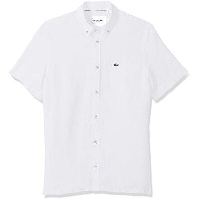 Lacoste Men's Short Sleeve Solid Linen Button Down Collar Reg Fit Woven Shirt
