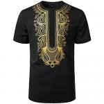 LucMatton Men's African Traditional Hidden Button Short Sleeve Shirt Luxury Metallic Gold Printed Dashiki