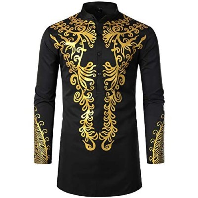LucMatton Men's Luxury African Traditional Metallic Gold Printed Dashiki Shirt