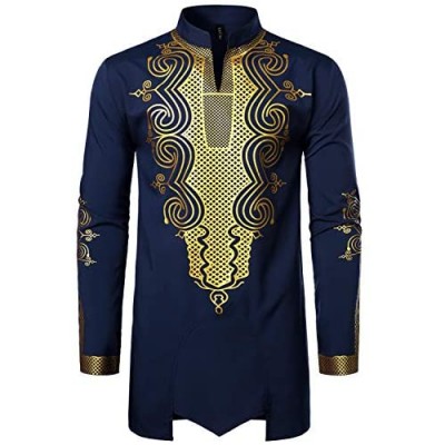 LucMatton Men's Traditional African Dashiki Luxury Metallic Gold Printed Shirt