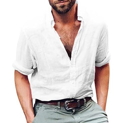 Mens Button Up Shirts Long Sleeve Linen Beach Casual Cotton Summer Lightweight Tops