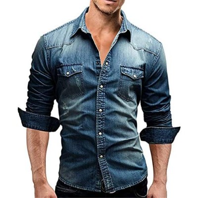 Men's Cotton/Sherpa Lined Cowboy Denim Shirt Snap Button Up Long Sleeve Casual Slim Fit Shirts