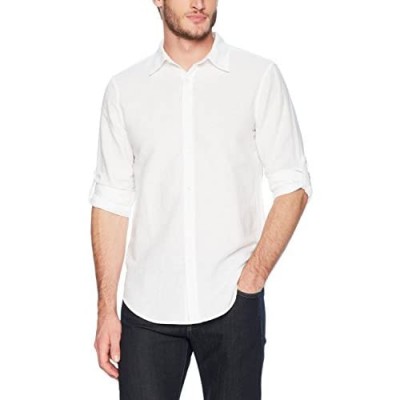 Perry Ellis Men's Rolled-Sleeve Solid Linen Cotton Button-up Slim Fit Shirt