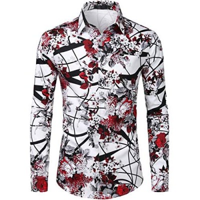 ZEROYAA Men's Floral Slim Fit Long Sleeve Cotton Casual Button Down Dress Shirt