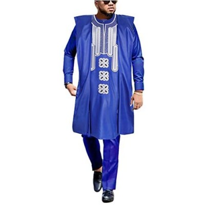 HD African Mens Apparel Agbada Clothing Embroidery Dashiki Shirts and Pants Outfits 3 Pieces