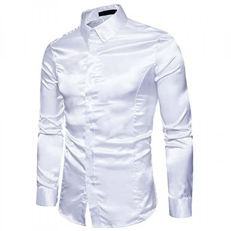Men's Slim-Fit Long-Sleeve Solid Satin Silk Like Dance Prom Dress Shirt Tops