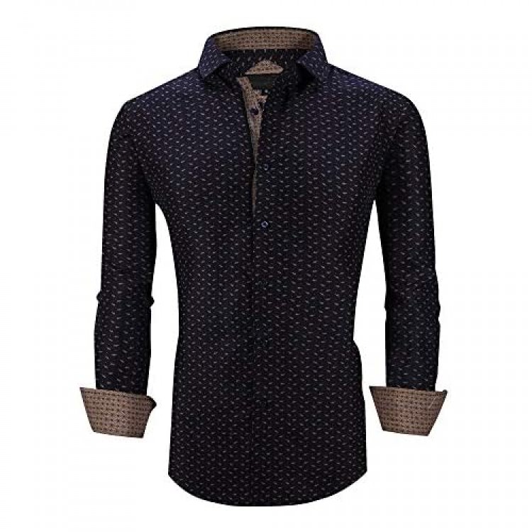 Monlando Mens Printed Fashion Dress Shirts Long Sleeve Regular fit Easy Care Button Down Shirts for Men