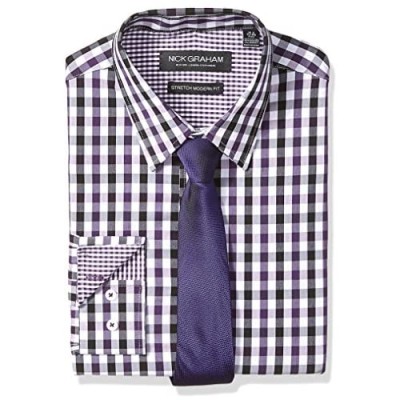 Nick Graham Men's Modern Fitted Multi Gingham Stretch Shirt with Solid Tie