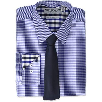 Nick Graham Men's Stretch Modern Fit Gingham Dress Shirt and Solid Tie Set