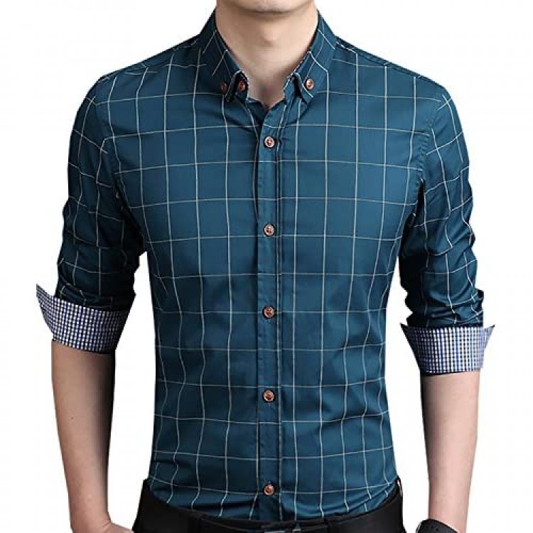 YTD Men's 100% Cotton Long Sleeve Plaid Slim Fit Button Down Dress Shirt