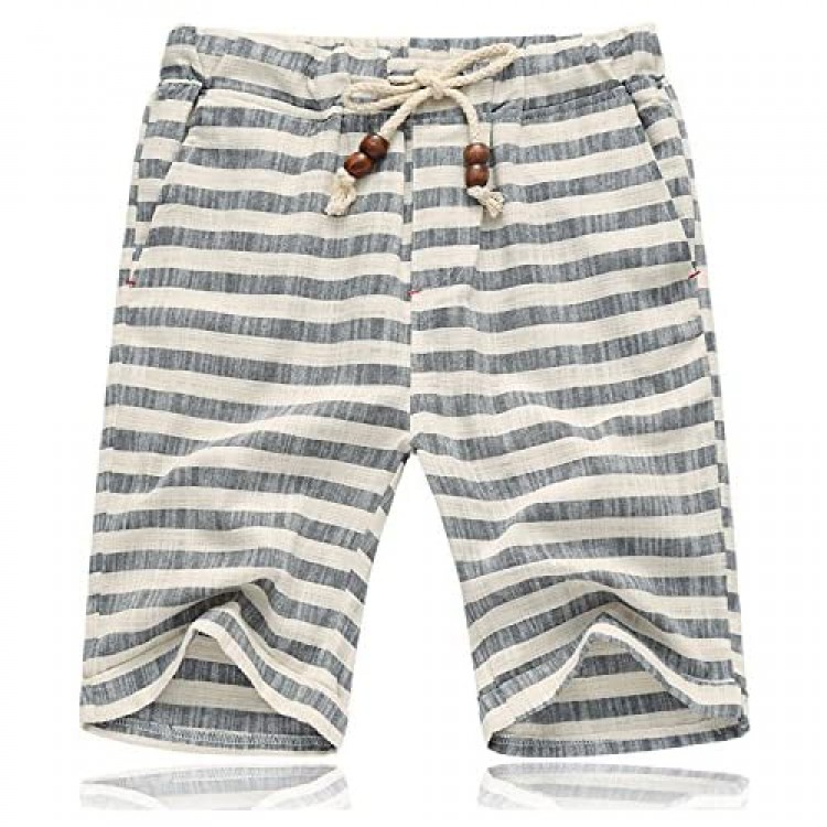 Banana Bucket Men’s Summer Casual Linen Drawstring Striped Beach Shorts